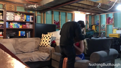Sexy blonde with perfect tits gets pounded in parents' basement by a rough stud